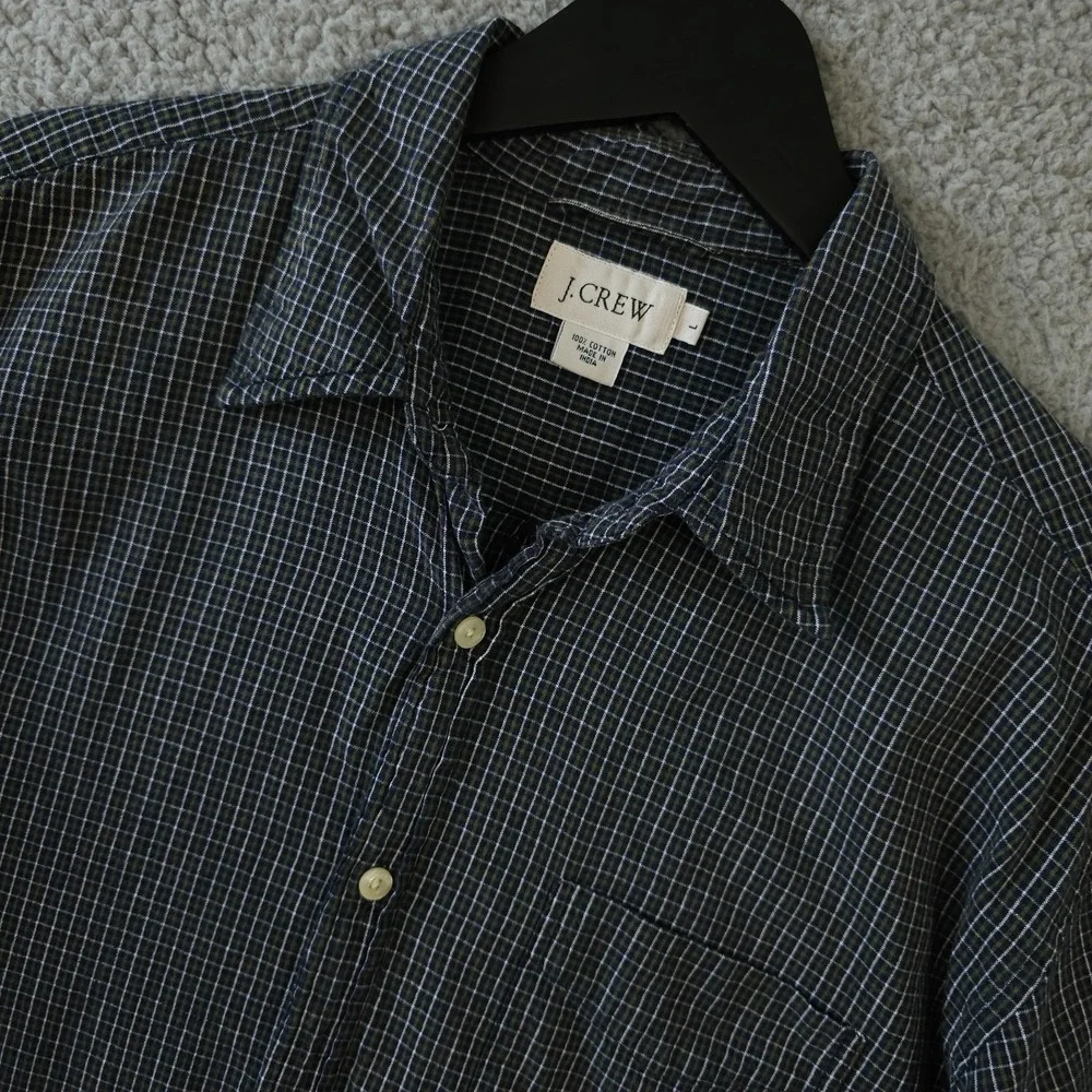 J Crew Shirt Mens Large Blue Green Grid Plaid Short Sleeve Button Up Preppy